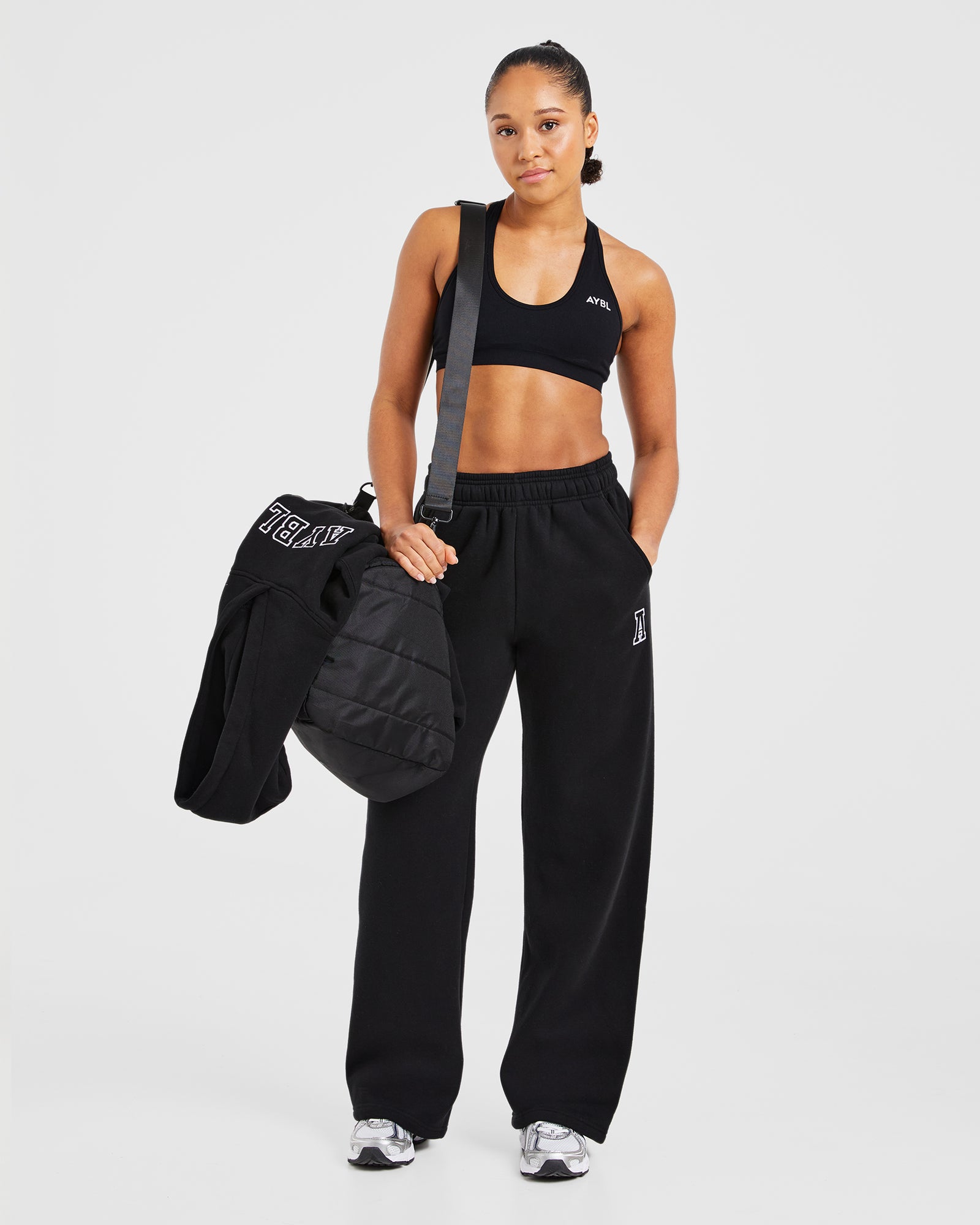 Varsity Embroidered Oversized Straight Leg Joggers - Black