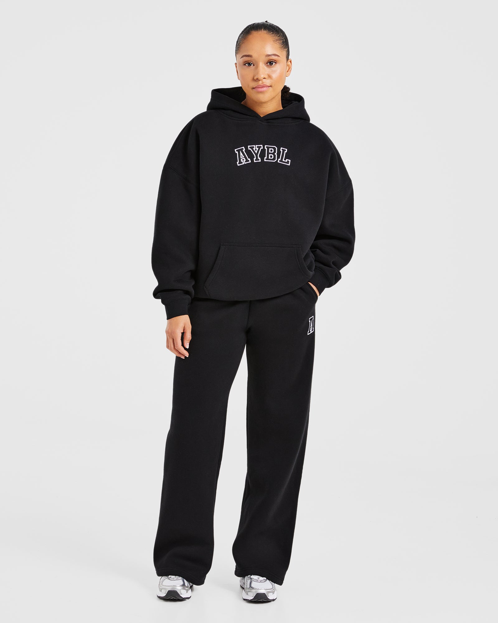 Varsity Embroidered Oversized Straight Leg Joggers - Black