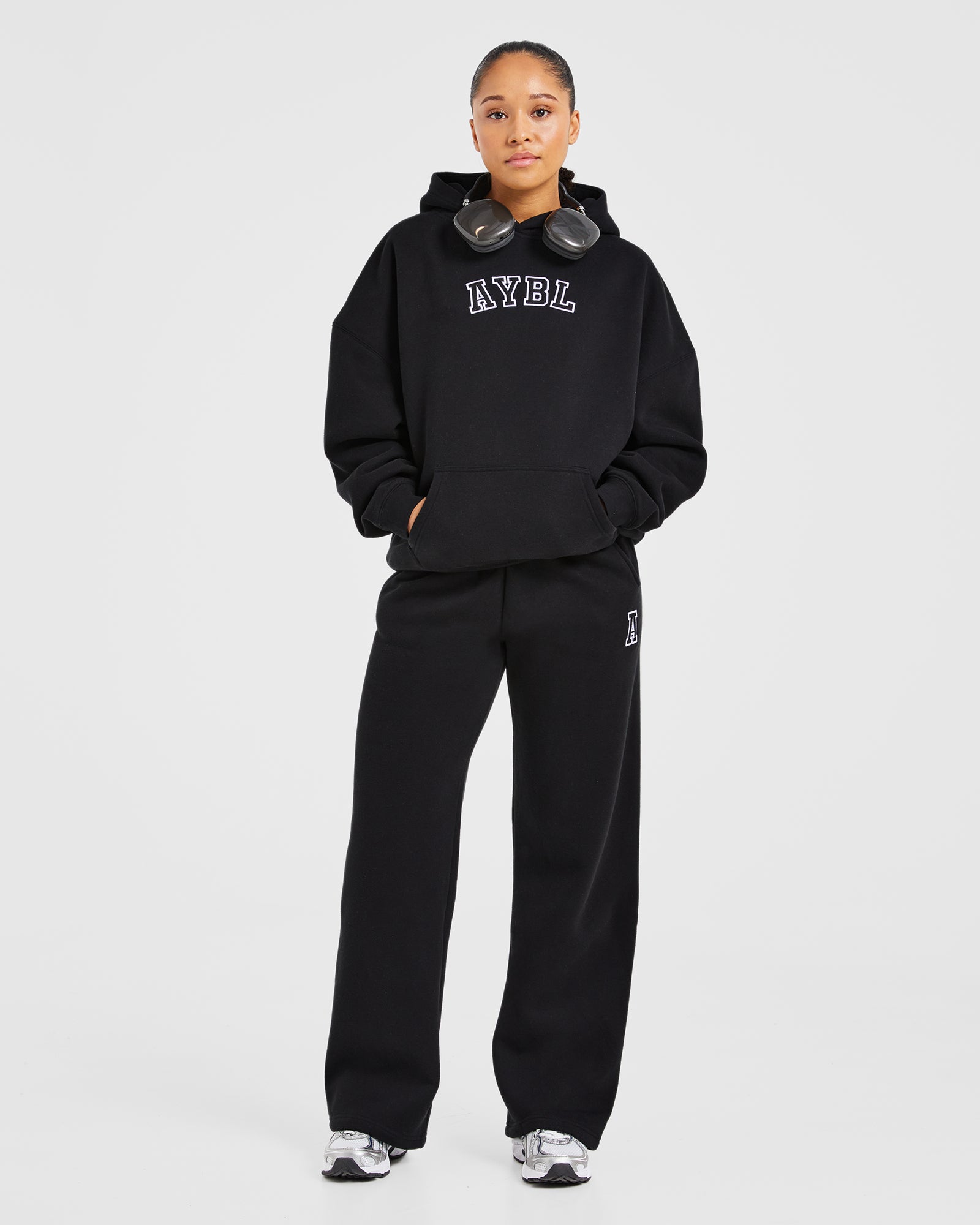 Varsity Embroidered Oversized Straight Leg Joggers - Black