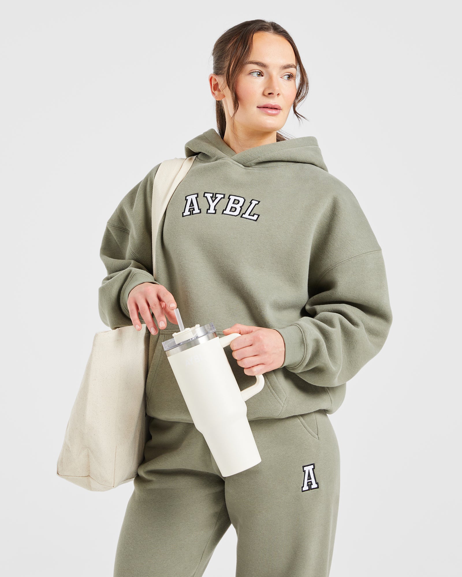 Varsity Embroidered Oversized Hoodie - Muted Olive
