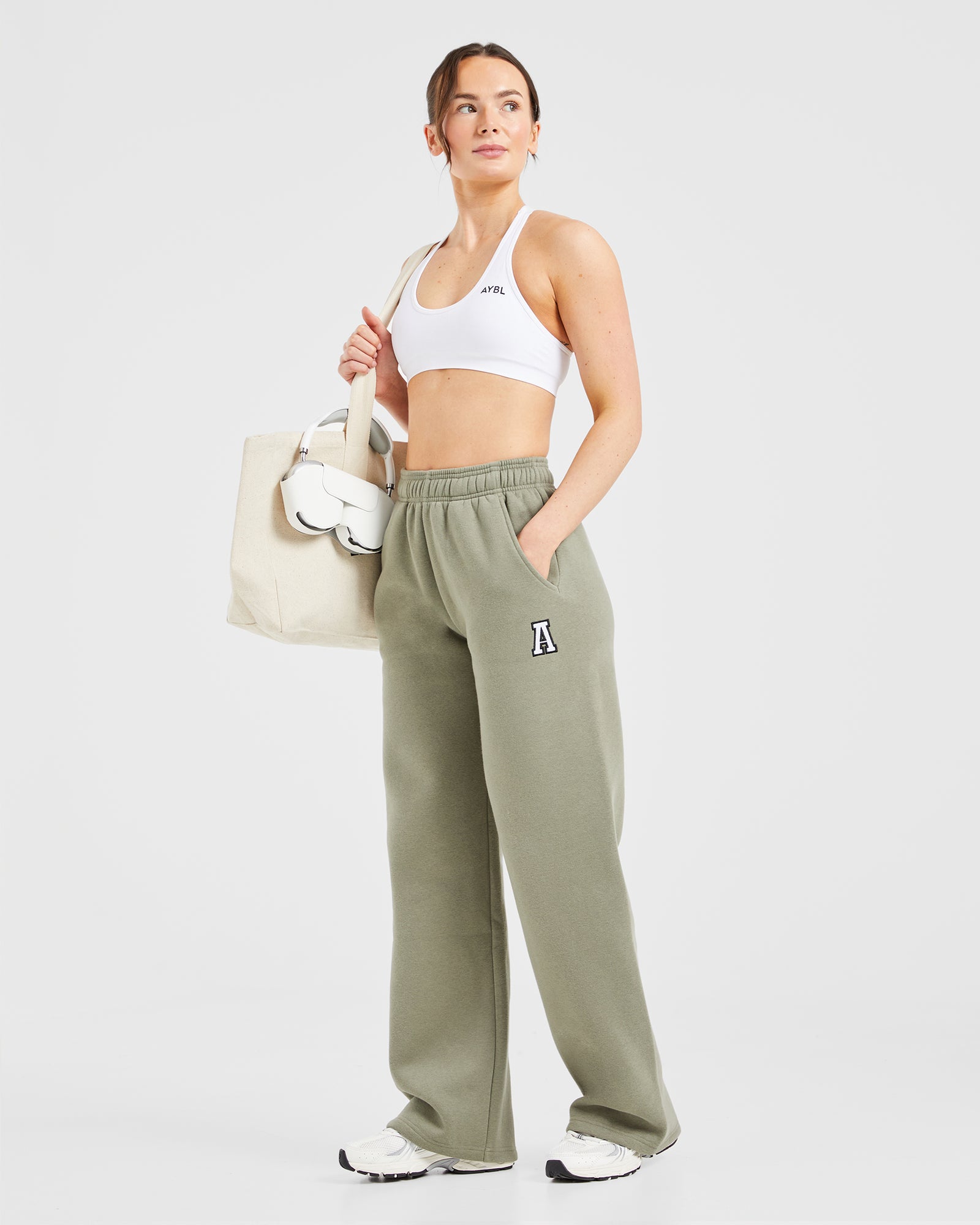 Varsity Embroidered Oversized Straight Leg Joggers - Muted Olive