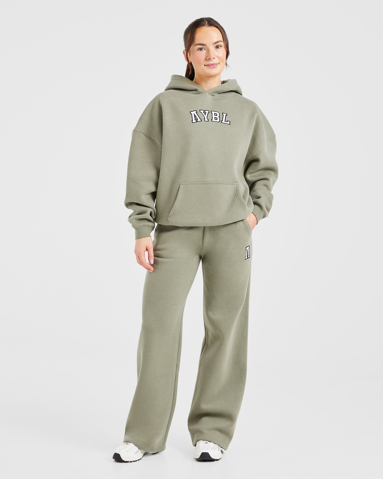Varsity Embroidered Oversized Straight Leg Joggers - Muted Olive