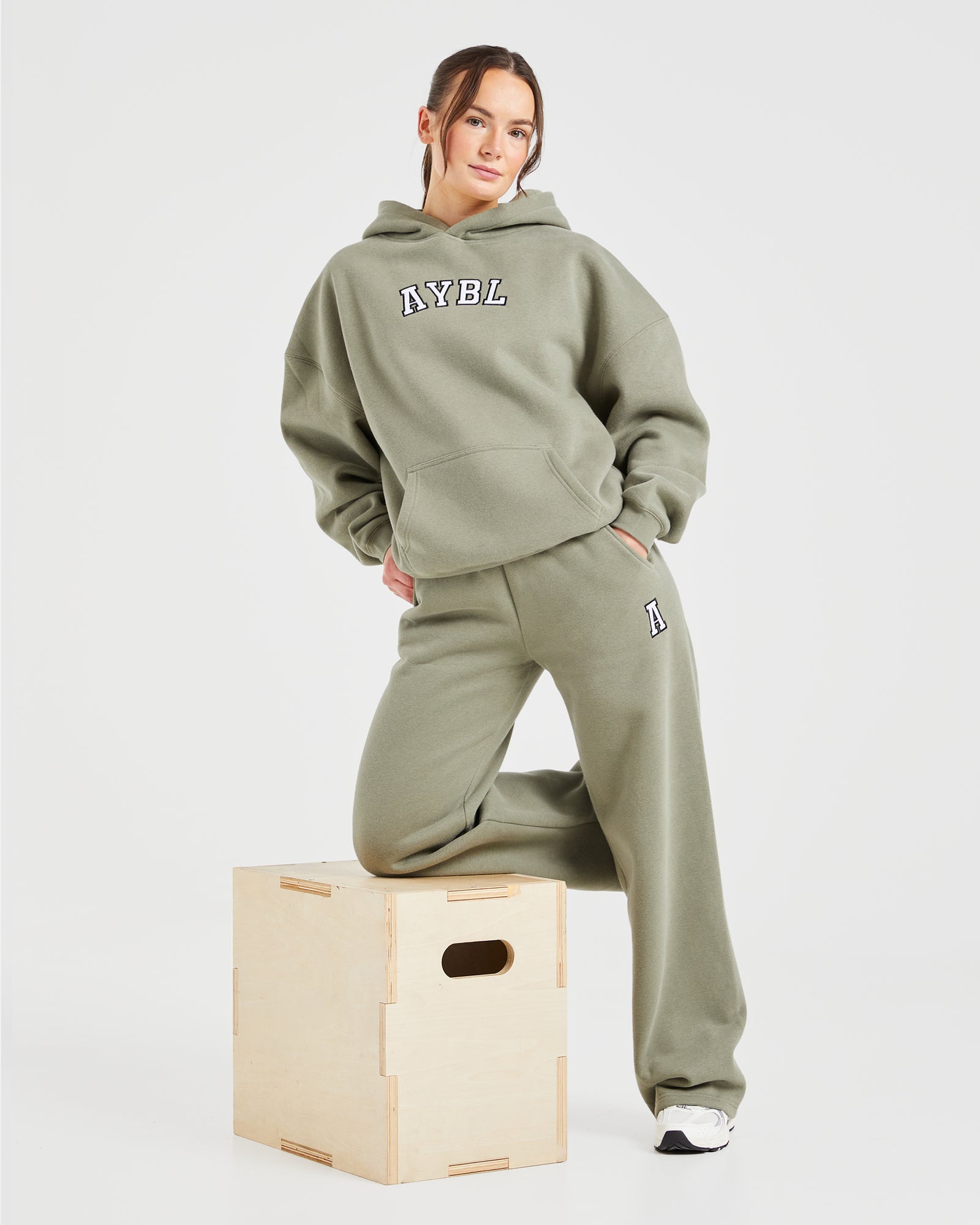 Varsity Embroidered Oversized Straight Leg Joggers - Muted Olive